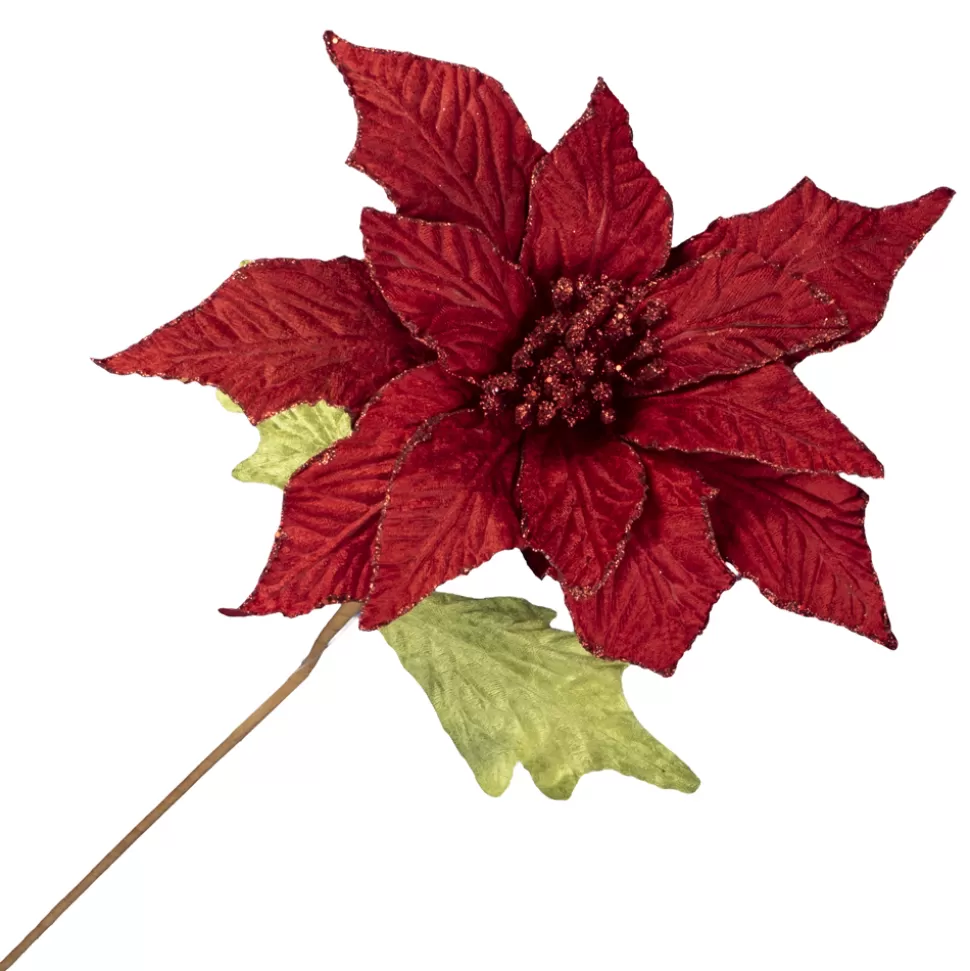 Christmas Forever POINSETTIA STEM RED 18″ VELVET W/ GLITTER EDGE