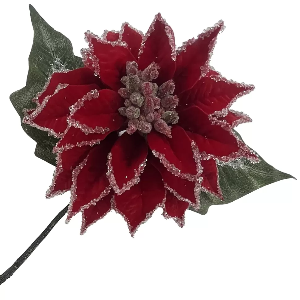 Christmas Forever POINSETTIA STEM RED ICED 12″ DLC VELVET HEAD W/24″ STEM
