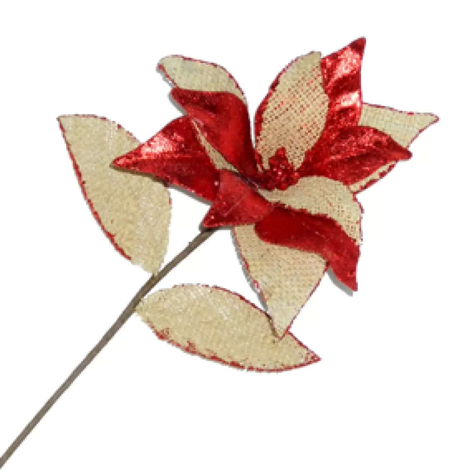 Christmas Forever POINSETTIA STEM RED /NATURAL 21″ BURLAP/ METALIC