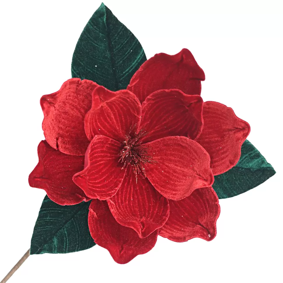 Christmas Forever POINSETTIA STEM RED-DARK 12″ VELVET HEAD W/20″ STEM EMERALD GREEN LEAVES