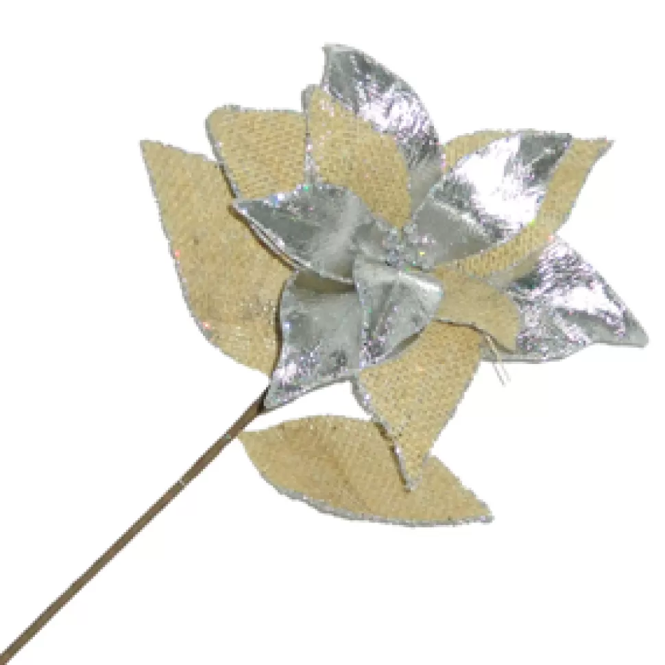 Christmas Forever POINSETTIA STEM SILVER /NATURAL 21″ BURLAP/ METALIC