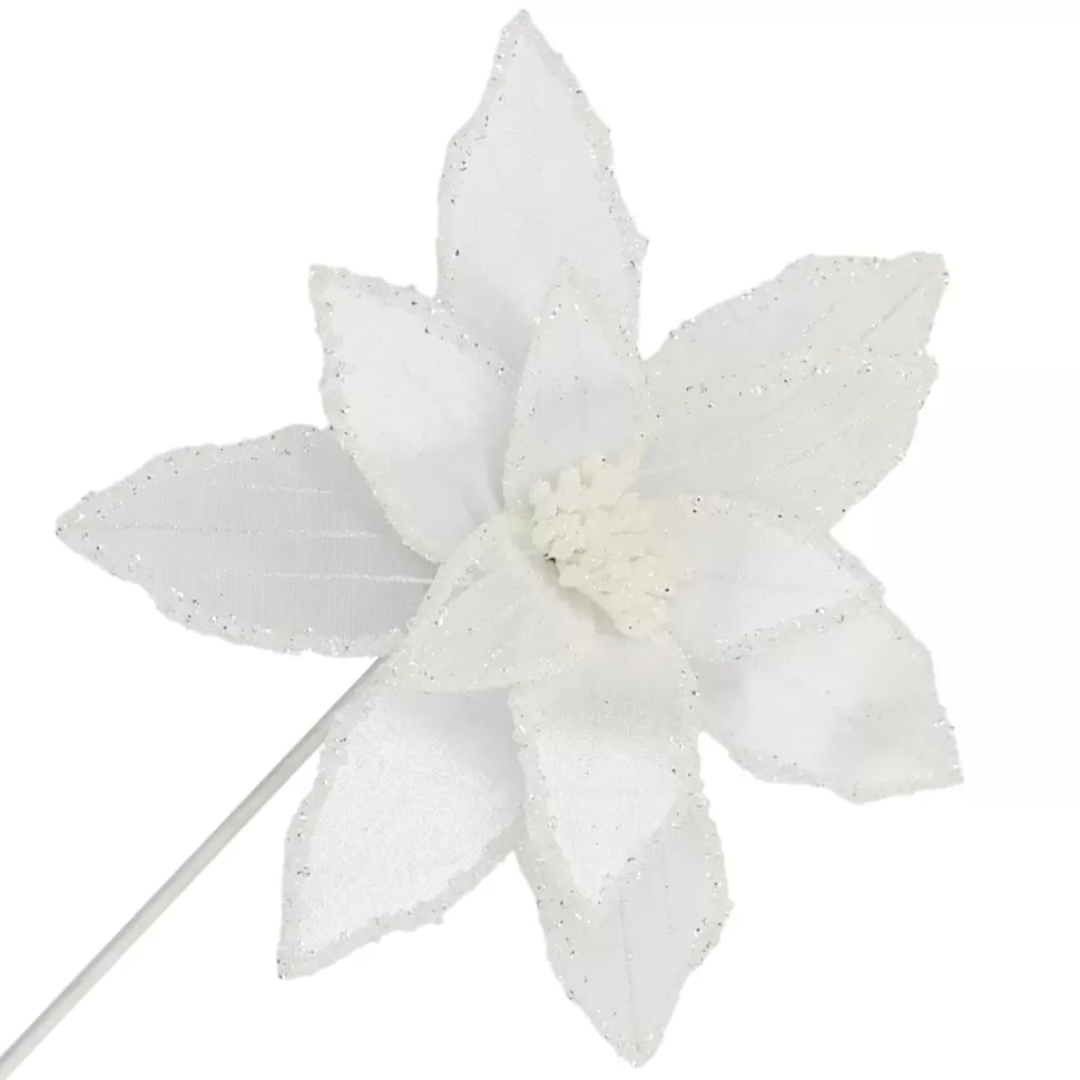 Christmas Forever POINSETTIA STEM WHITE 12″ HEAD VELVET SHEER W/ 20″ STEM