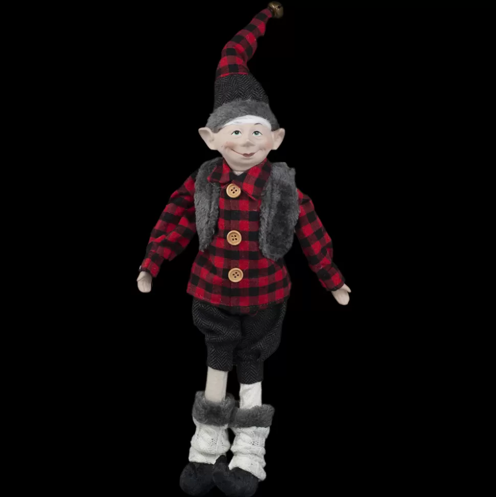 Christmas Forever POSABLE ELF 18″ BOY RED/ BLACK CHECK W/ FUR TRIM