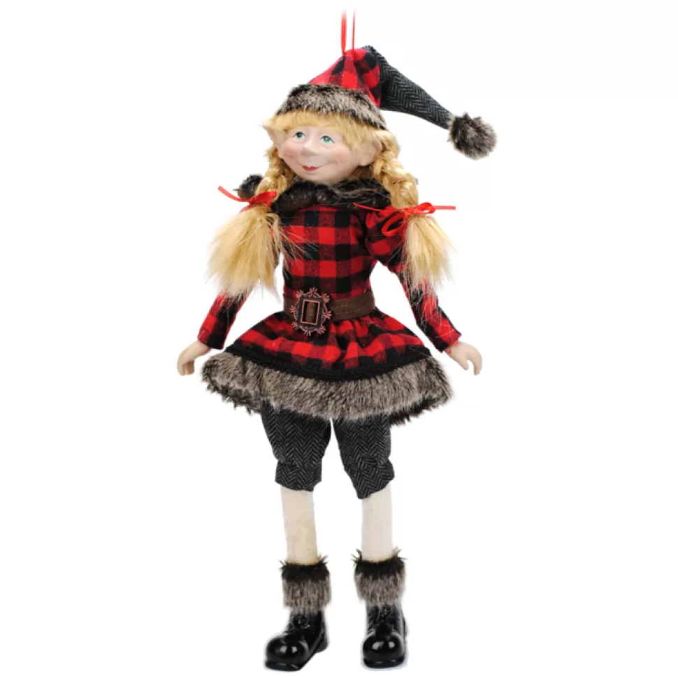 Christmas Forever POSABLE ELF 18″ GIRL RED/ BLACK PLAID W/ FUR TRIM