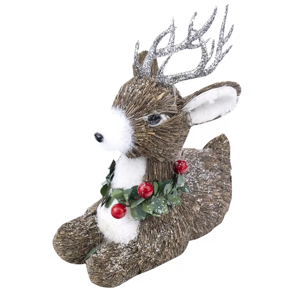 Christmas Forever REINDEER BROWN GRASS LYING 9.5″ WHITE FAUX FUR W/ HOLLY BERRY COLAR