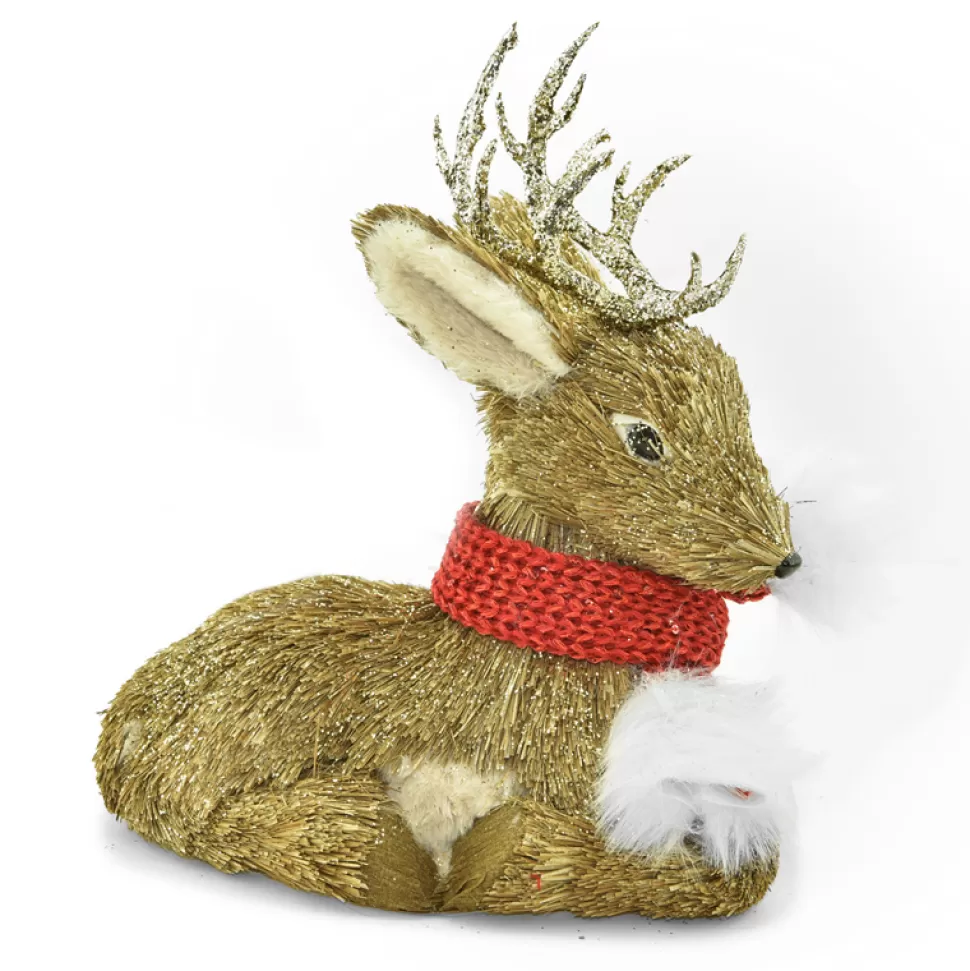 Christmas Forever REINDEER BROWN GRASS SITTING 9.5″ W/ CHAMP GLITTER & RED SCARF