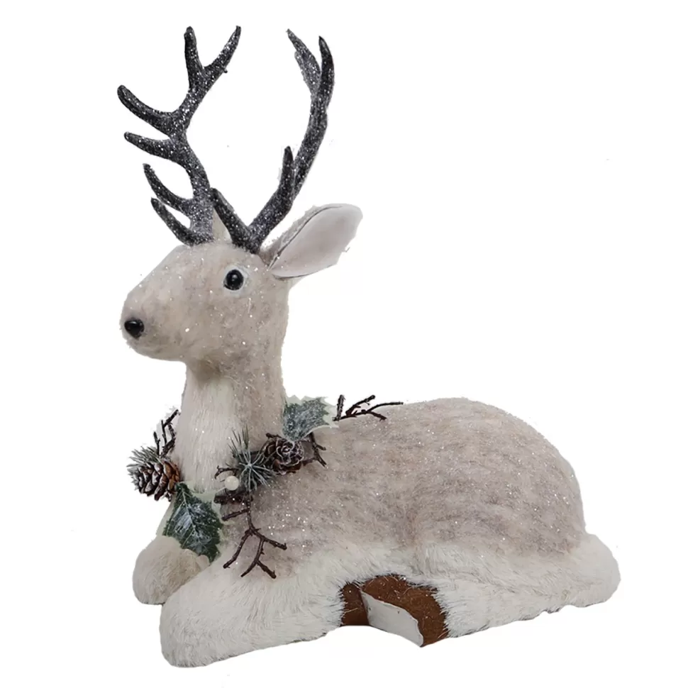 Christmas Forever REINDEER GRAY SITTING 12″X14″ FABRIC/GRASS W/ FROSTED WREATH