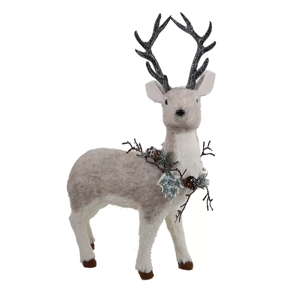 Christmas Forever REINDEER GRAY STANDING 12.5″X19.5″ FABRIC/GRASS W/ FROSTED WREATH