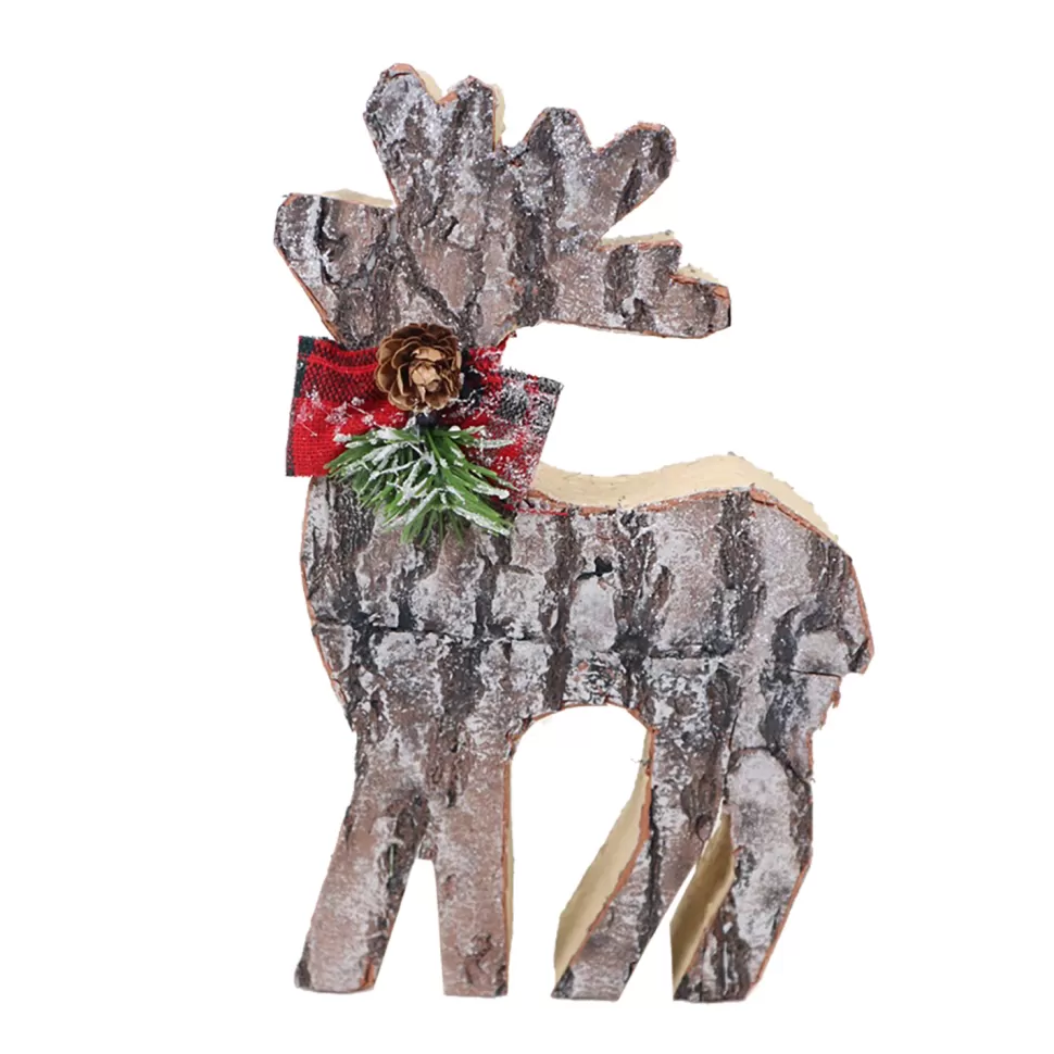 Christmas Forever REINDEER LOG-LOOK STANDING 6″X9.5″ FROSTED W/ BOW