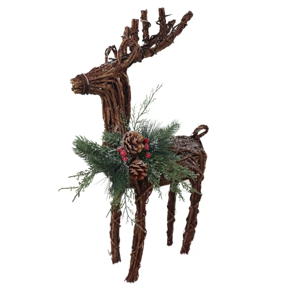 Christmas Forever REINDEER NAT. RATTAN 13″X5.5″X22″ STANDING W/ MIXED FROSTED PINE/CONES/BERRIES