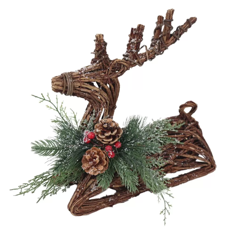 Christmas Forever REINDEER NAT. RATTAN 13″X5″X13″ LAYING W/ MIXED FROSTED PINE/CONES/BERRIES