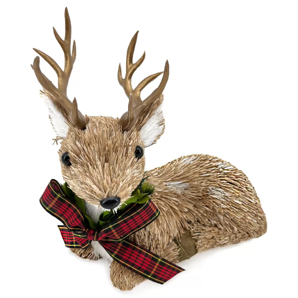 Christmas Forever REINDEER NATURAL BROWN SITTING 7″ GRASS W/ BOW ON COLAR