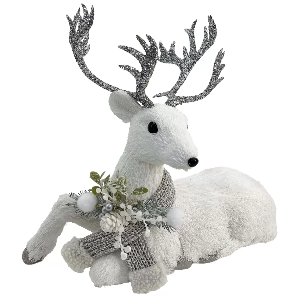 Christmas Forever REINDEER SITTING FAUX GRASS WHITE 15.5″x13.5″ W/ SCARF, FROSTED PINE & BERRIES