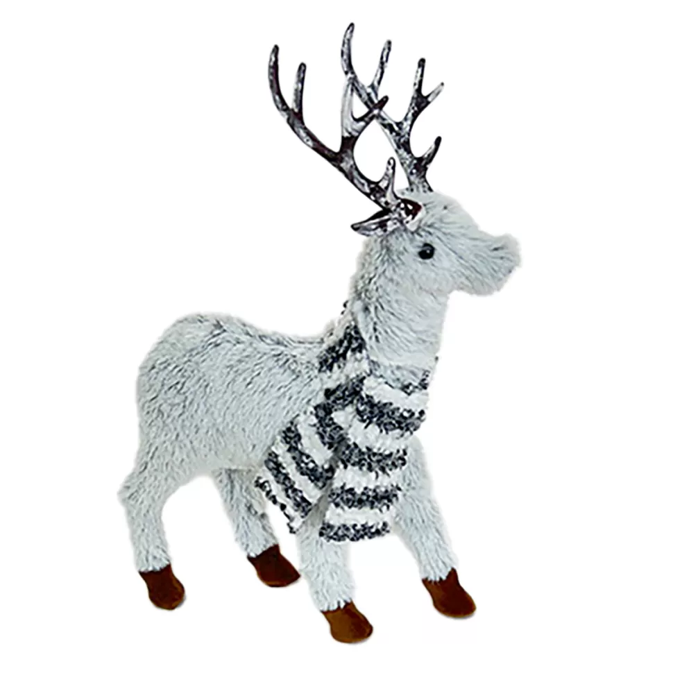 Christmas Forever REINDEER STANDING PLUSH GREY 12″ W/ BLACK/WHITE SCARF