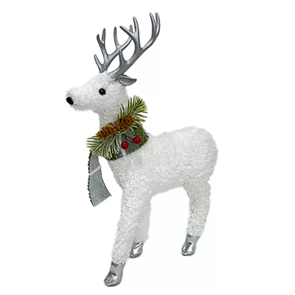 Christmas Forever REINDEER STANDING PLUSH WHITE 12″ W/ PINE, CONE & BERRIES