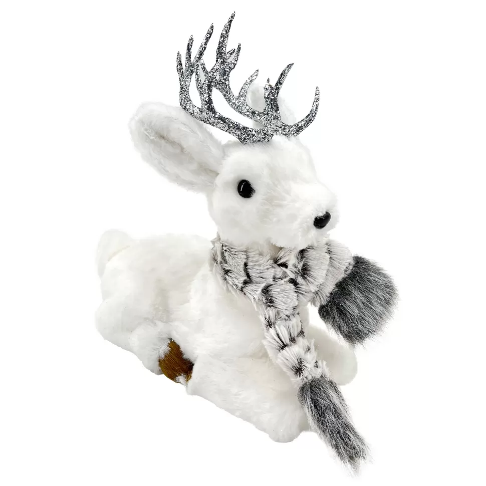Christmas Forever REINDEER WHITE SITTING 9.5″ FUR W/ GRAY SCARF