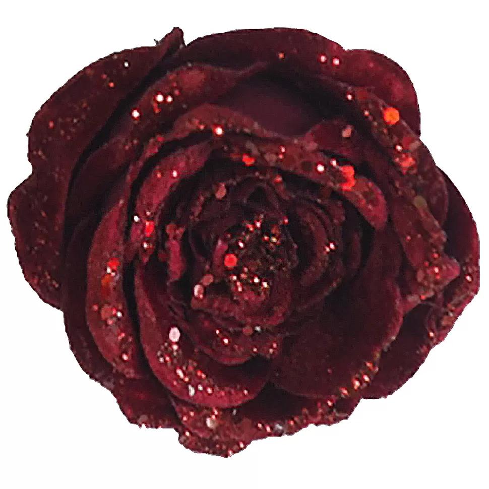 Christmas Forever ROSE HEAD BURGUNDY 5″ CARDED W/ GLITTER & CLIP