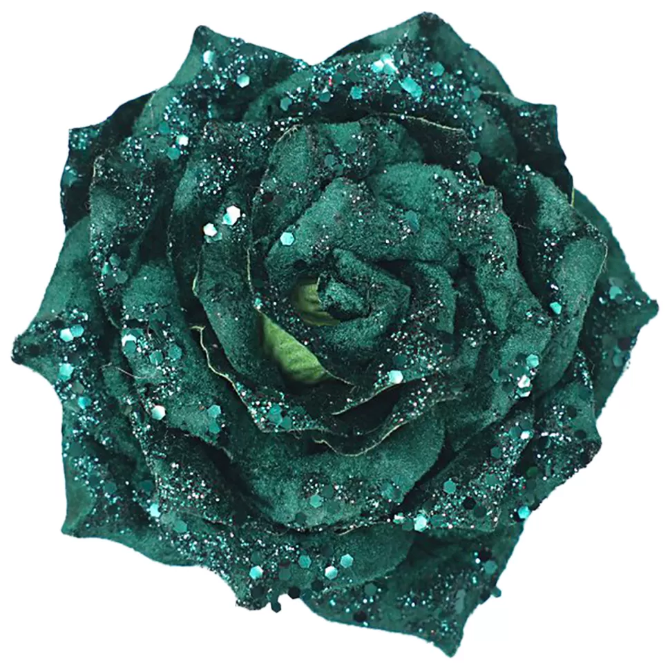 Christmas Forever ROSE HEAD GREEN /EMERALD 4.5″ VELVET W/ GLITTER & CLIP