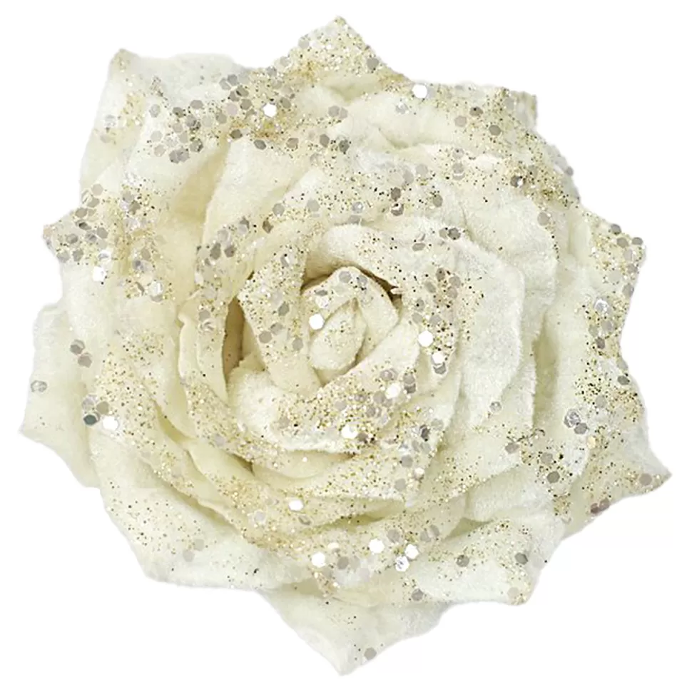 Christmas Forever ROSE HEAD IVORY 4.5″ VELVET W/ GLITTER & CLIP