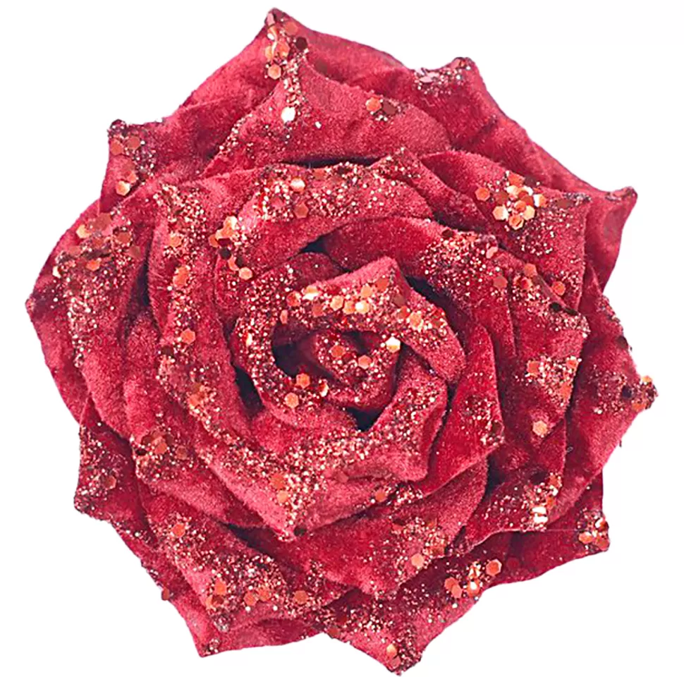 Christmas Forever ROSE HEAD RED /DEEP RED 4.5″ VELVET W/ GLITTER & CLIP