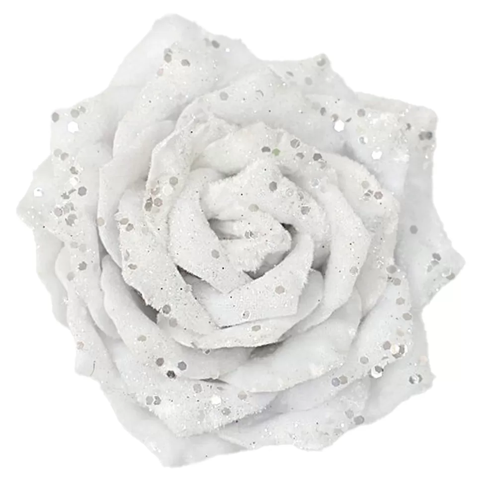 Christmas Forever ROSE HEAD WHITE 4.5″ VELVET W/ GLITTER & CLIP