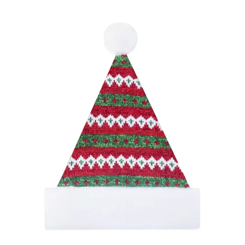 Christmas Forever SANTA HAT 15″ RED/GREEN CHENILLE KNIT W/ FAUX FUR BORDER (SIZE:M)