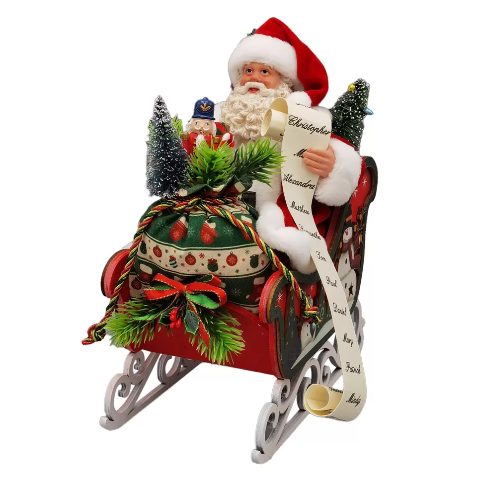 Christmas Forever SANTA SITTING 10″ W/ SLEIGH & GIFTS RED/GREEN /GOLD