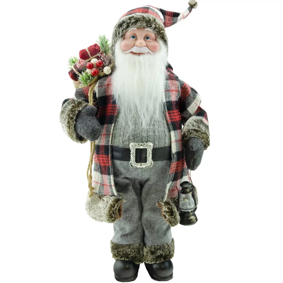 Christmas Forever SANTA STANDING 18″ GRAY/ RED COAT W/GIFT SACK & LANTERN
