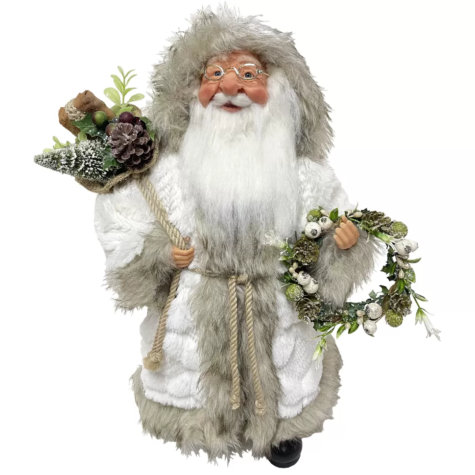 Christmas Forever SANTA STANDING 18″ W/ GIFT HOLDING A WREATH WHITE/BEIGE