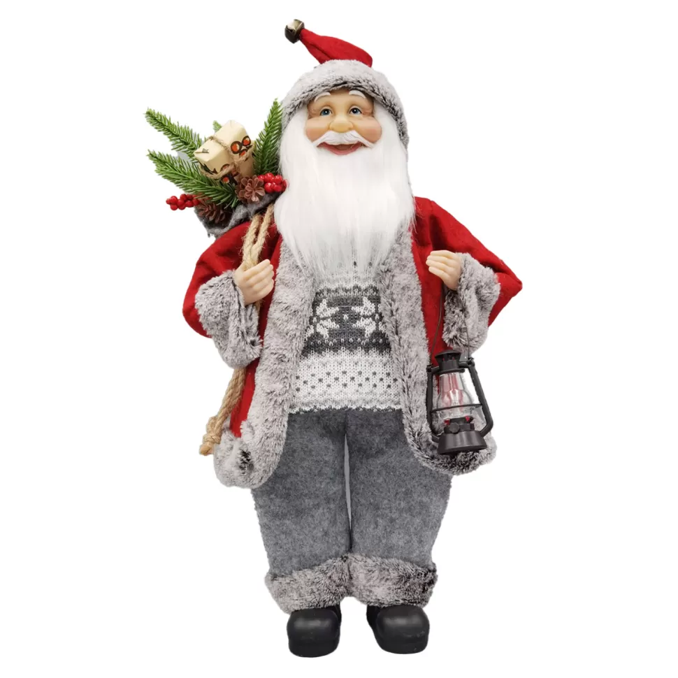 Christmas Forever SANTA STANDING 18″ W/ SACK & LANTERN RED/GRAY