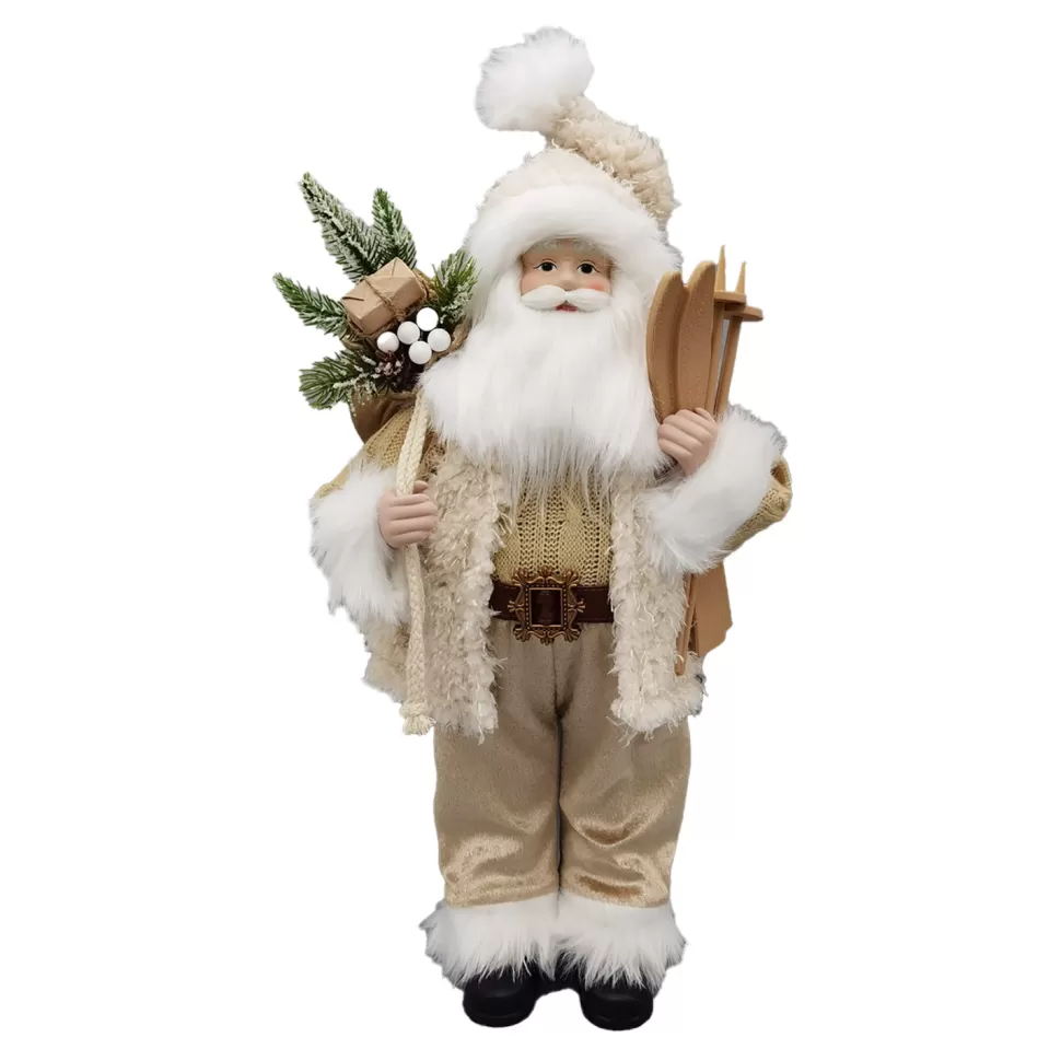 Christmas Forever SANTA STANDING 18″ W/ SKIS & GIFT SACK IVORY/GOLD