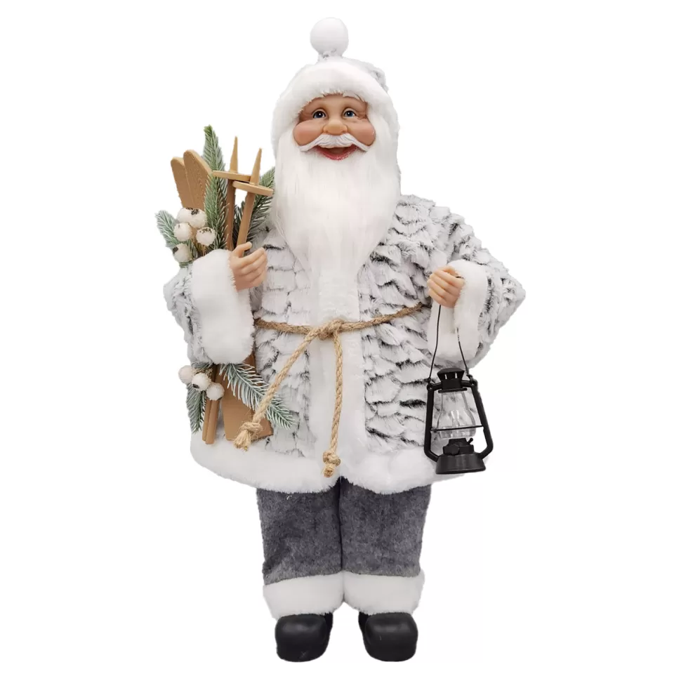 Christmas Forever SANTA STANDING 18″ W/ SKIS & LANTERN GRAY