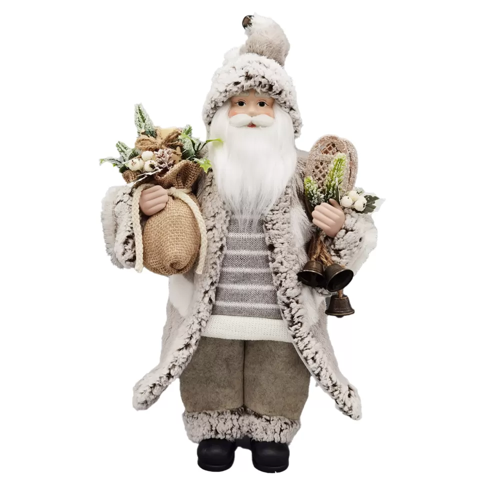 Christmas Forever SANTA STANDING 18″ W/ SNOW SHOES & GIFT SACK GRAY/IVORY