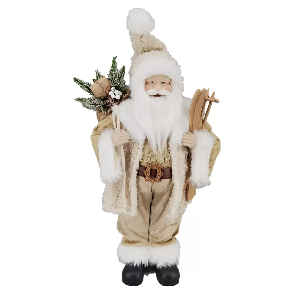 Christmas Forever SANTA STANDING 24″ W/ SKIS & GIFT SACK IVORY /GOLD
