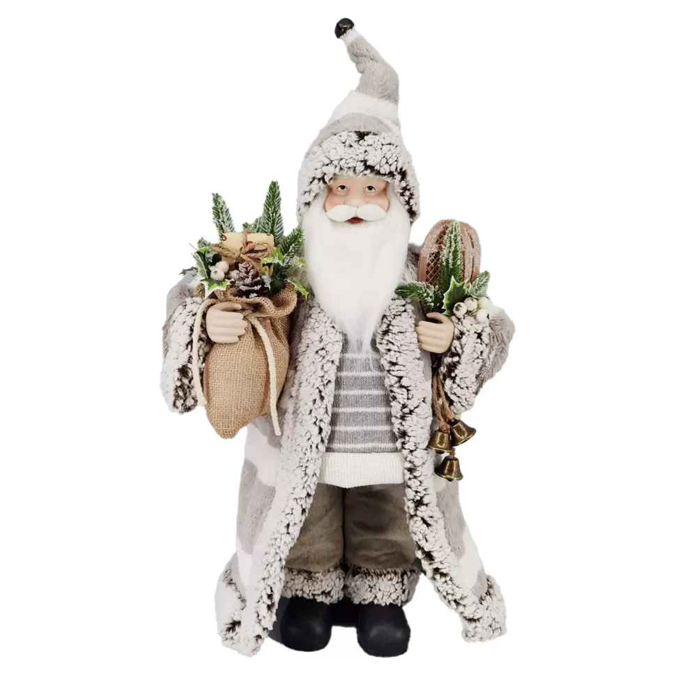 Christmas Forever SANTA STANDING 24″ W/ SNOW SHOES & GIFT SACK GRAY/IVORY