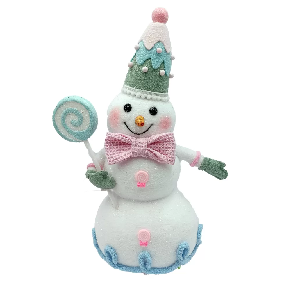 Christmas Forever SNOWMAN HOLDING LOLLIPOP 15.5″ PINK/BLUE W/ GLITTER & COLORFUL BALL DECOR