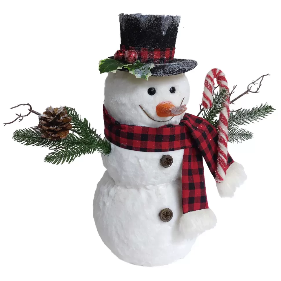 Christmas Forever SNOWMAN WHITE FUR 18″ W/ PLAID SCARF, BLACK HAT & CANDY CANE