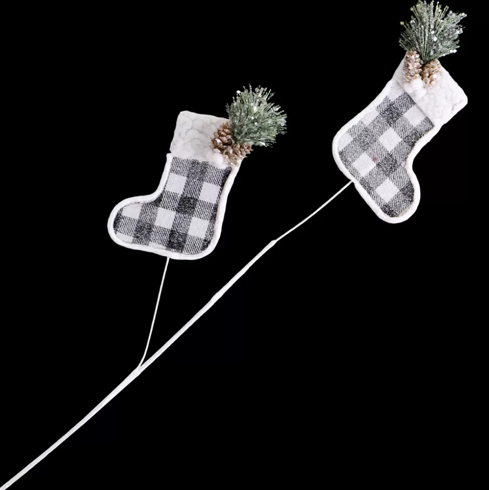 Christmas Forever SPRAY FABRIC 26″ STOCKINGS BLK/WHT CHECK W/GRNS & PINECONES FROSTED