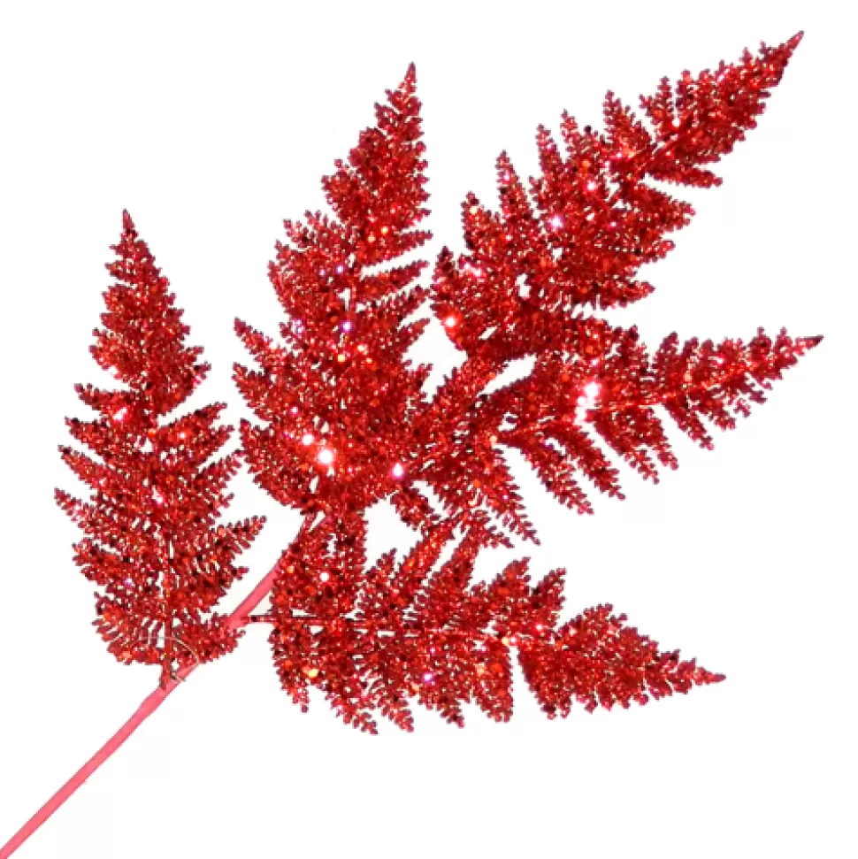 Christmas Forever SPRAY FERN LEAVES 24″ RED GLITTER
