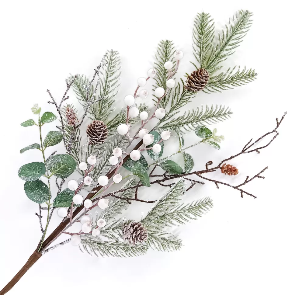 Christmas Forever SPRAY FROSTED MIXED GREENERY 30″ GREEN/WHITE W/ CONE, TWIGS & BERRIES