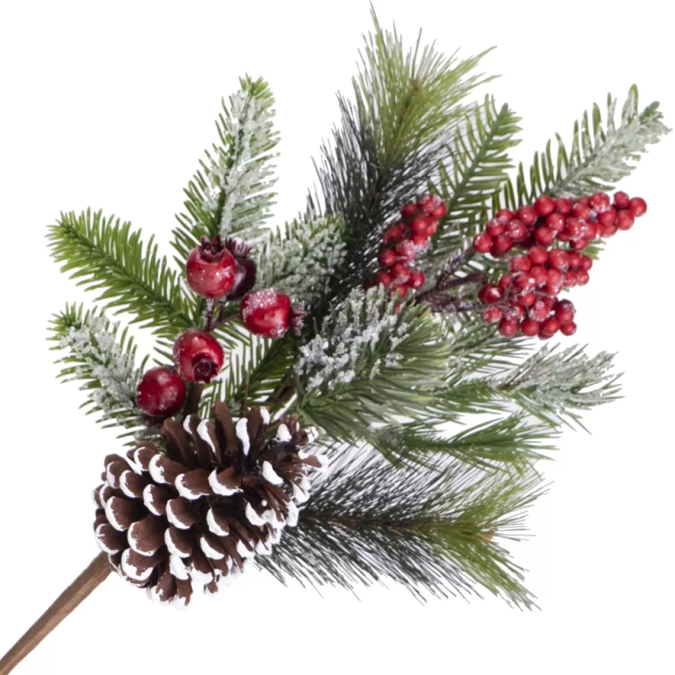 Christmas Forever SPRAY FROSTED PINE 16″ RED BERRY W/ MIXED NEEDLE PINE & CONE
