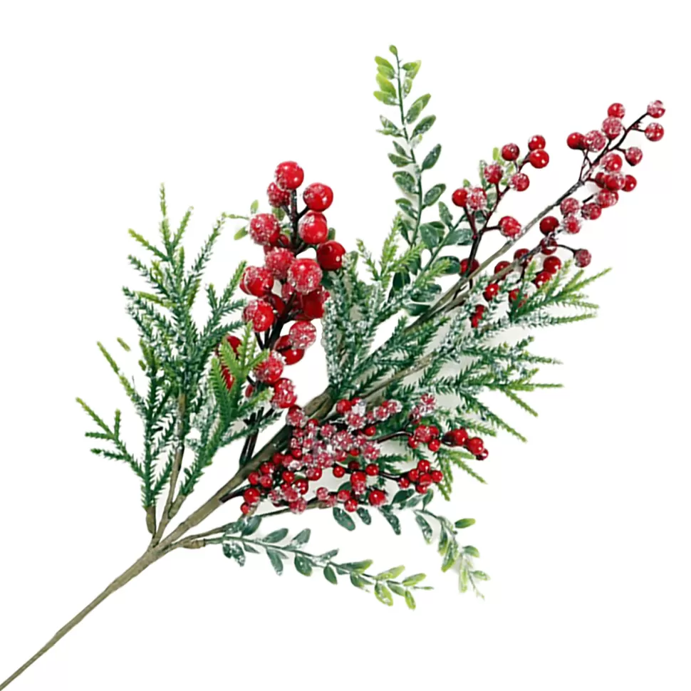 Christmas Forever SPRAY FROSTED PINE 24″ RED BERRIES MIXED LEAVES