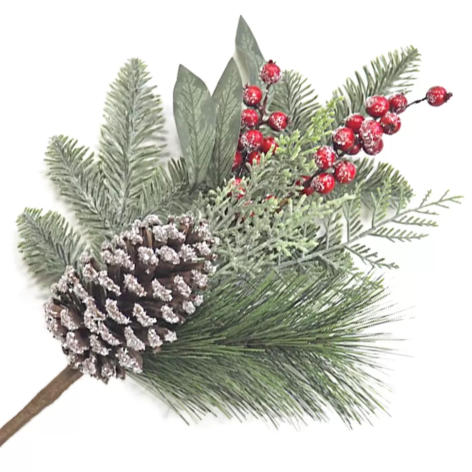 Christmas Forever SPRAY GRN 16″ MIXED PINE, CEDAR, RED BERRIES & CONES ICED/ ICED / FROSTED