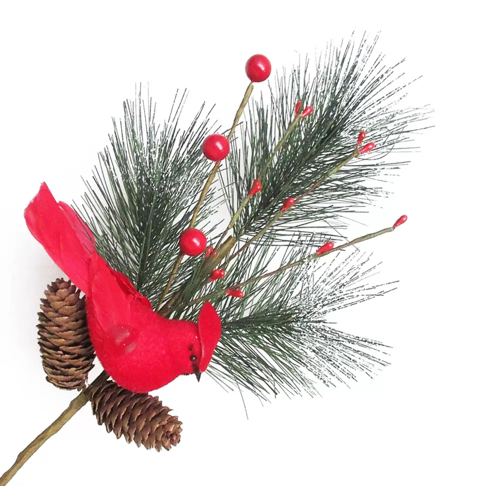 Christmas Forever SPRAY GRN PINE 15″ RED BERRIES W/ CARDINAL NEEDLE PINE & CONES