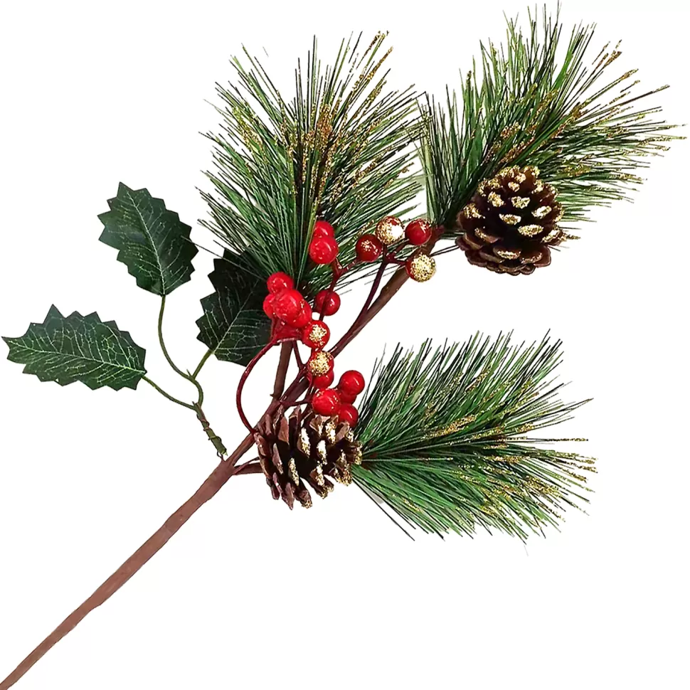 Christmas Forever SPRAY GRN PINE 17″ GREEN/RED W/ BERRIES, HOLLY LEAF & PINE CONE, GLITTER