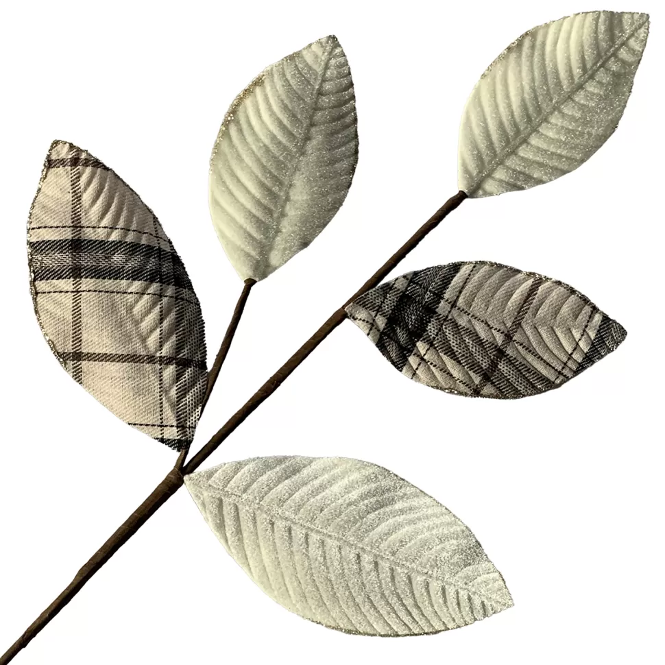 Christmas Forever SPRAY LEAVES FABRIC 26″ 2-TONE VELVET PLAID /CREAM GLITTER EDGE