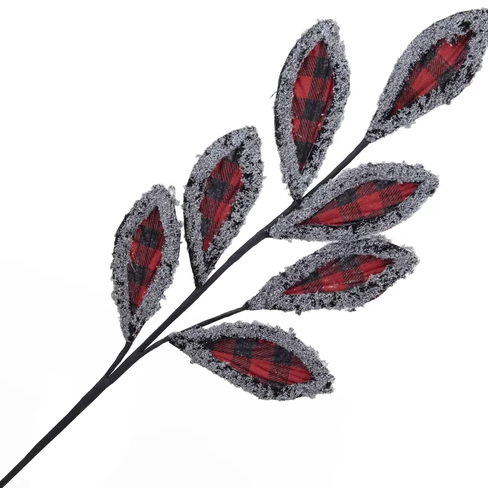 Christmas Forever SPRAY LEAVES FABRIC 27″ RED/ BLK BUFFALO PLAID W/ FLUFFY FROSTED BORDER