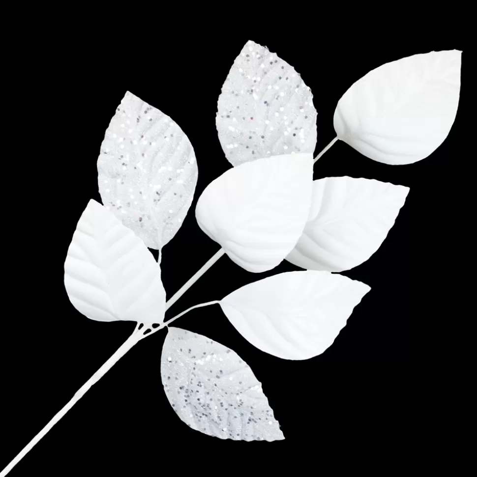 Christmas Forever SPRAY LEAVES FABRIC 29″ WHITE AND SILVER GLITTER LEAVES