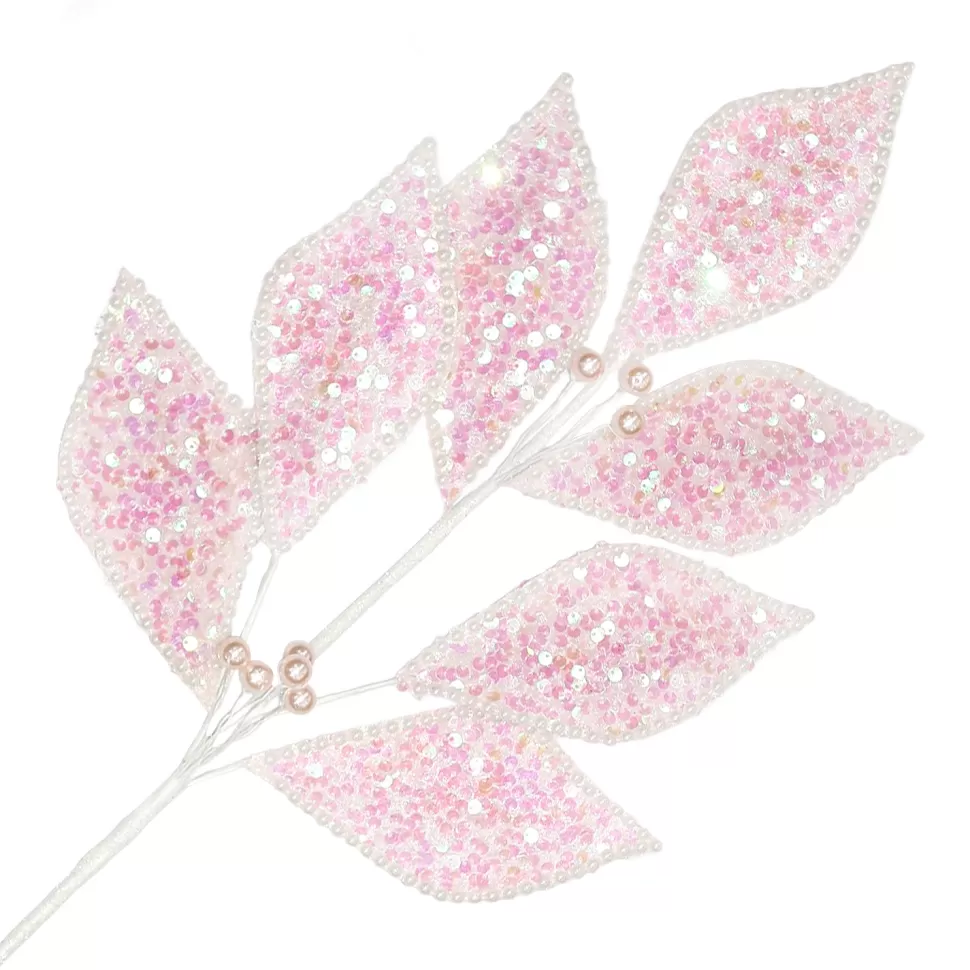 Christmas Forever SPRAY LEAVES FABRIC 25.5″ IRIDIDESCENT PINK SEQUINS