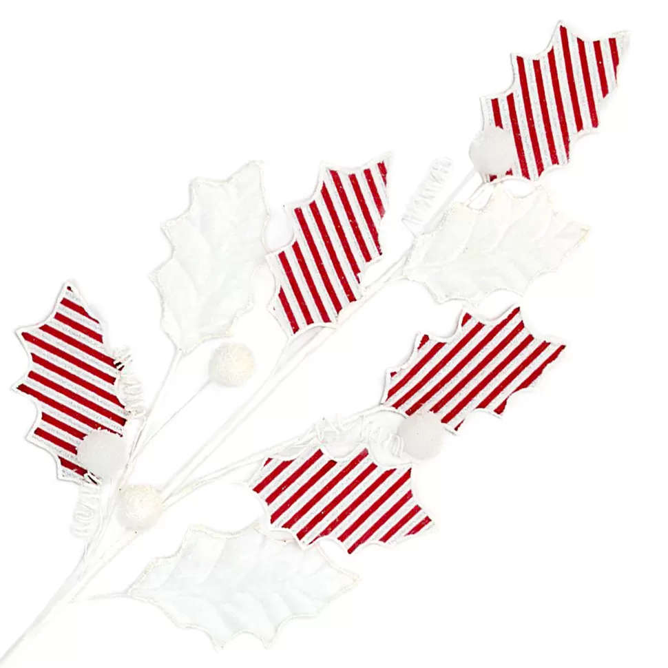 Christmas Forever SPRAY LEAVES FABRIC 27″ WHITE/ RED HOLLY STRIPES